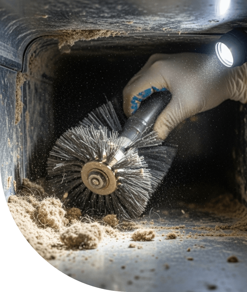 Nettoyage de conduit de ventilation sale avec brosse de nettoyage rotative